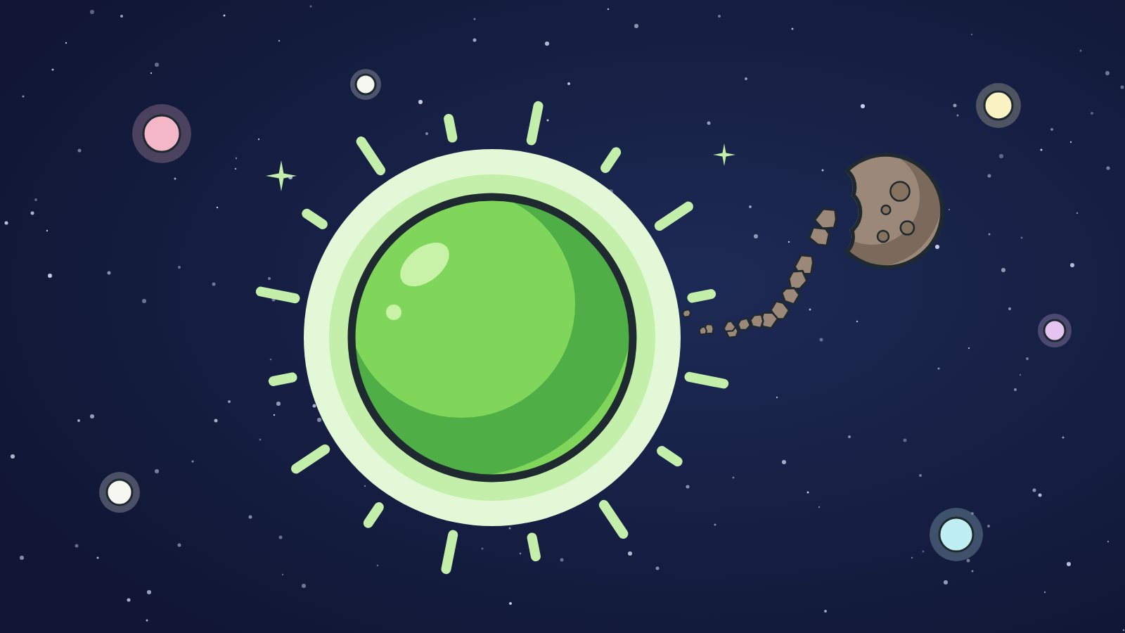 Illustration of a glowing green star with light rays against a dark starry sky, a stream of rocky crumbs flowing into it from a small bitten planet, with tiny pink, yellow, blue and white stars around it