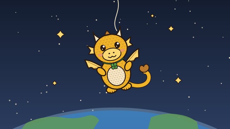 Illustration of a small golden crocheted dragon with a four-leaf clover, floating on a loose tether above the curve of the Earth among stars