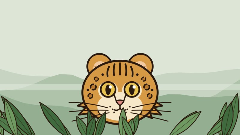 Illustration of a small spotted wild cat with round ears and big yellow eyes peeking out of green leaves, with misty mountain ridges behind