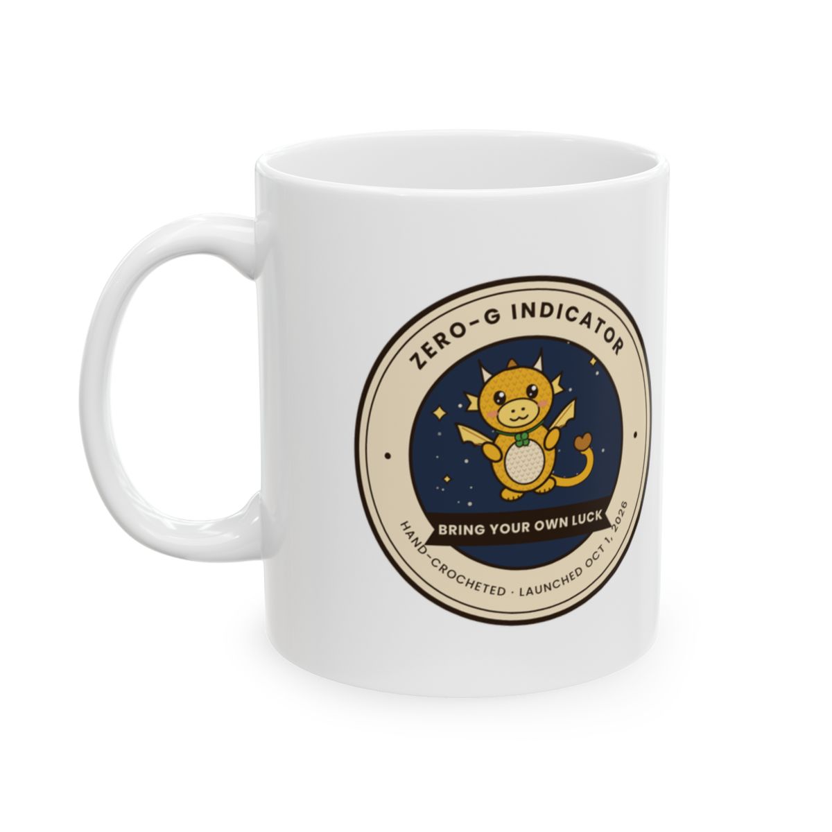 White mug printed with the Bring Your Own Luck dragon badge