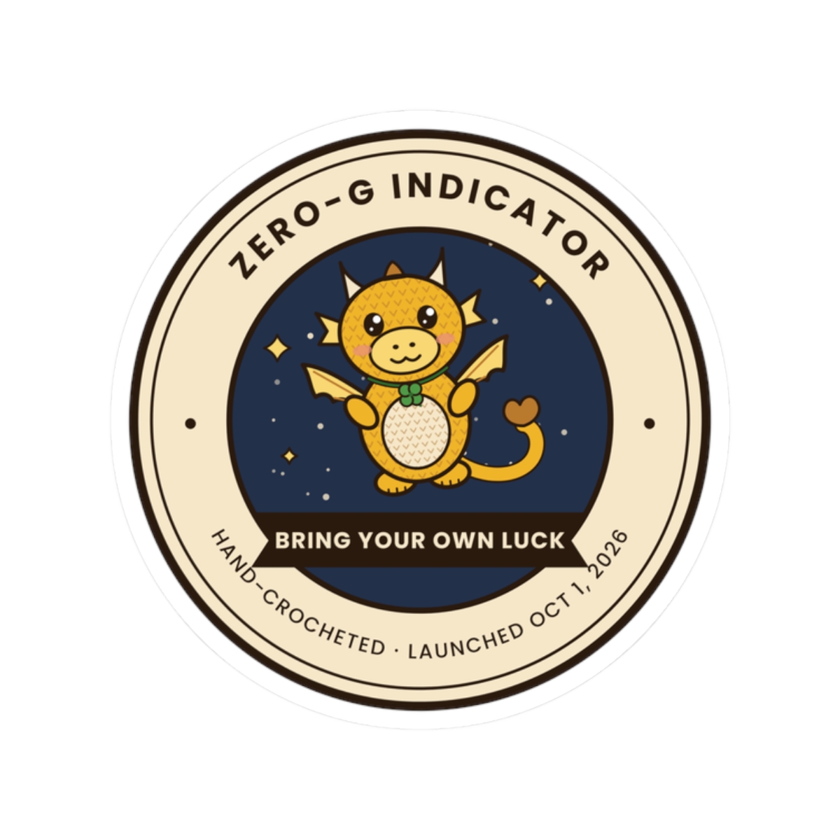 Round sticker with the Bring Your Own Luck dragon badge