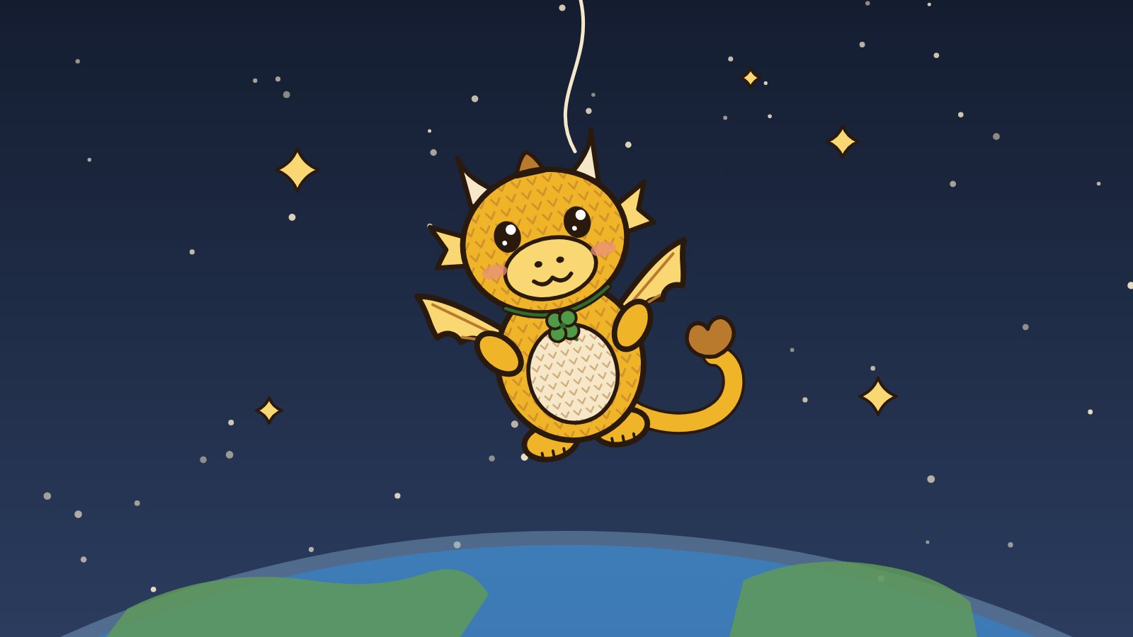 Illustration of a small golden crocheted dragon with a four-leaf clover, floating on a loose tether above the curve of the Earth among stars