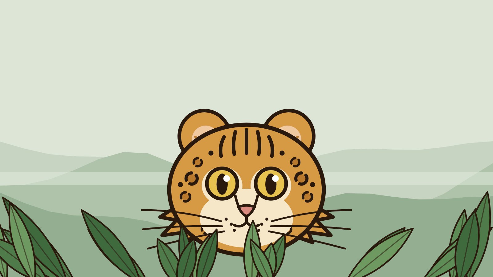 Illustration of a small spotted wild cat with round ears and big yellow eyes peeking out of green leaves, with misty mountain ridges behind